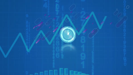 Animation-of-moving-clock-over-purple-lines,-graph-and-data-processing