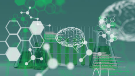 Animation-of-data-processing-and-chemical-formula-over-beakers-with-liquid