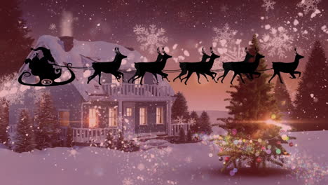 Animation-of-santa-claus-in-sleigh-with-reindeer-over-snow-falling-and-winter-scenery