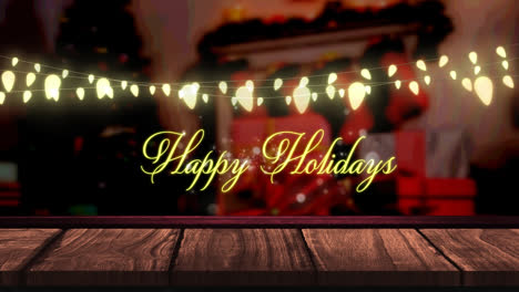 Animation-of-fairy-lights-and-happy-holidays-text-over-wooden-boards