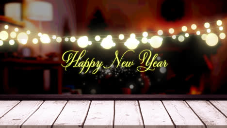 Animation-of-fairy-lights-and-happy-new-year-text-over-wooden-boards