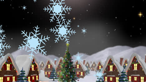 Animation-of-snow-falling-over-winter-scenery-houses-with-christmas-fairy-lights