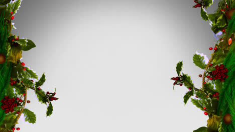 Decorative-with-spruce-branches,-holly-and-red-berries-against-grey-background