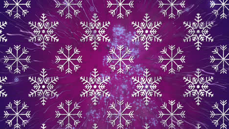 Animación-De-Nieve-Cayendo-Sobre-Fuegos-Artificiales-Sobre-Fondo-Morado