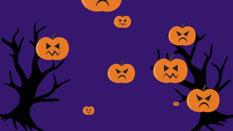 Animación-De-Calabazas-Moviéndose-Sobre-Fondo-Morado-Con-árboles