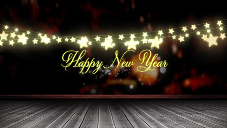 Animation-of-fairy-lights-and-happy-new-year-text-over-wooden-boards