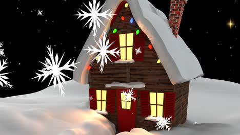 Animation-of-snow-falling-over-winter-scenery-houses-with-christmas-fairy-lights