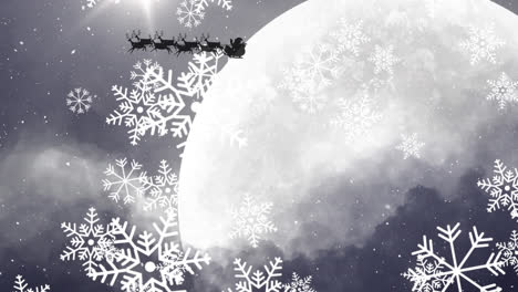 Snowflakes-falling-over-santa-claus-in-sleigh-being-pulled-by-reindeers-against-moon-in-night-sky