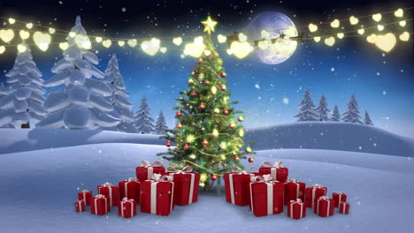 Animation-of-christmas-lights,-tree-and-presents-in-night-winter-landscape