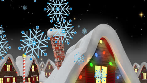 Animation-of-snow-falling-over-winter-scenery-houses-with-christmas-fairy-lights