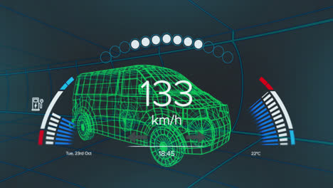 Animation-of-speedometer-over-van-project-on-navy-background