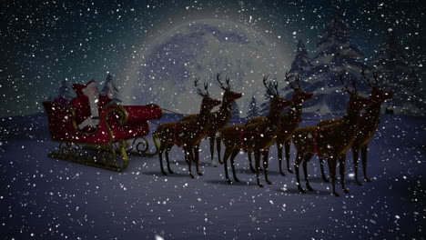 Animation-Von-Weihnachtsmannschlitten-Und-Fallendem-Schnee-In-Der-Nächtlichen-Winterlandschaft