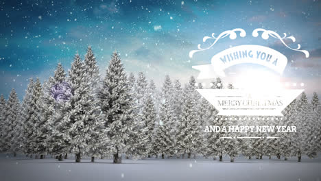 Animation-of-christmas-greetings-over-winter-landscape-background-with-christmas-tree