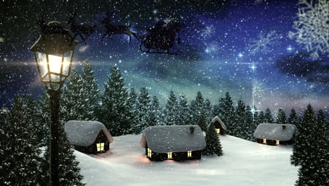 Snowflakes-falling-over-houses-and-trees-on-winter-landscape-against-shining-stars-in-night-sky