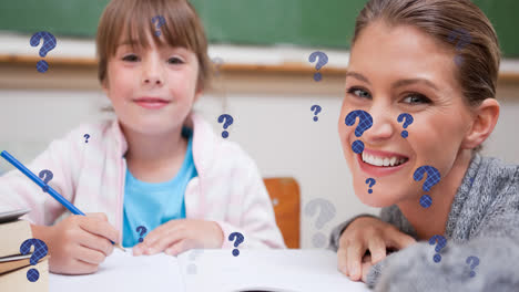 Animation-of-blue-question-marks-over-happy-female-elementary-school-teacher-and-schoolgirl-in-class
