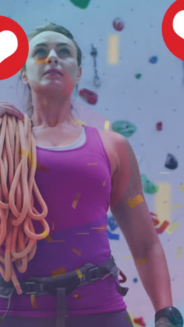 Animation-of-heart-icons-over-caucasian-woman-on-climbing-wall