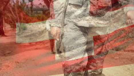 Animation-of-flag-of-switzerland-waving-over-caucasian-soldiers-marching