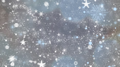 Animación-Digital-De-Nieve-Cayendo-Contra-Múltiples-Copos-De-Nieve-E-íconos-De-Estrellas-Sobre-Fondo-Gris