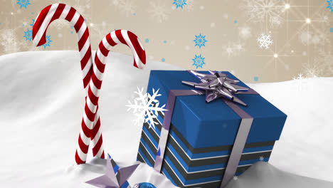 Animation-of-falling-snowflakes-over-christmas-gift-and-candy-canes