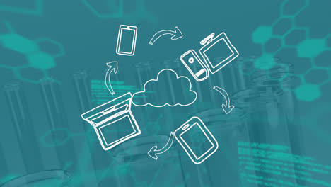 Animation-of-icons,-data-processing-and-chemical-formula-over-empty-test-tubes-in-lab