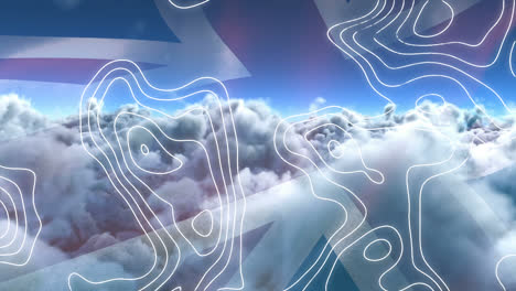 Animation-of-network-of-connection-and-icons-over-uk-flag-and-cloudy-sky