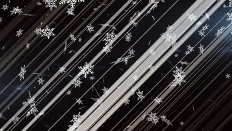 Animation-of-snow-falling-over-moving-stripes-on-black-background