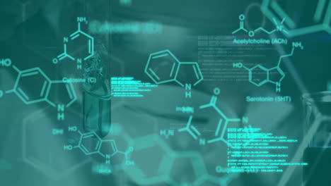 Animación-Del-Procesamiento-De-Datos-Y-Fórmula-Química-Sobre-Científicos-En-Laboratorio