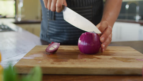 Hands-of-caucasian-pregnant-woman-wearing-apron-and-cutting-onion