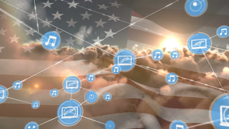 Animation-of-network-of-connection-and-icons-over-usa-flag-and-cloudy-sky