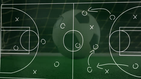 Animation-Eines-Sportplatzes-Und-Spieldiagramm-über-Einem-Fußball-Im-Tor-Auf-Einem-Fußballplatz