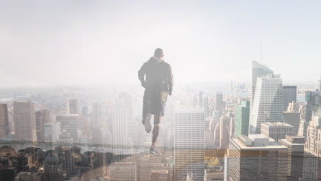 Composite-of-man-running-by-the-sea,-and-modern-cityscape