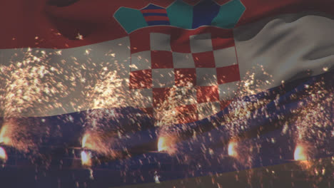 Animación-De-La-Bandera-De-Croacia-Ondeando-Sobre-Fuegos-Artificiales.