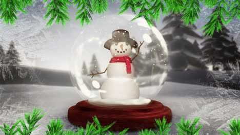 Animation-of-fir-tree-branches-over-christmas-snow-globe-in-winter-scenery