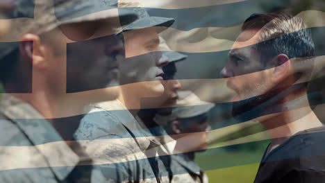 Animation-of-flag-of-greece-waving-over-diverse-soldiers