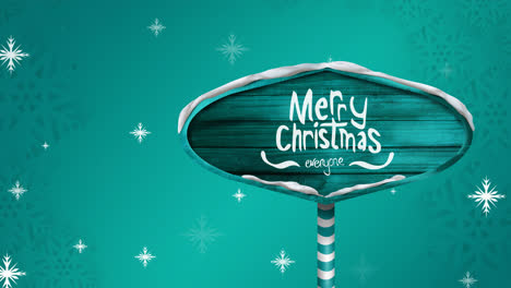 Animation-of-falling-snowflakes-over-wooden-sign-with-merry-christmas-text