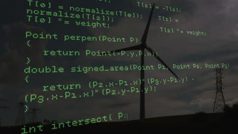 Animation-of-data-processing-over-wind-turbine-and-sky-with-clouds