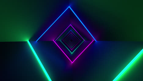 Animation-of-colourful-neon-beams-forming-shapes-and-rotating,-on-black-background