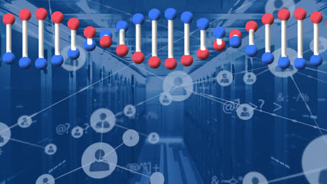 Animation-of-network-of-connections-with-icons-and-dna-strand-over-server-room