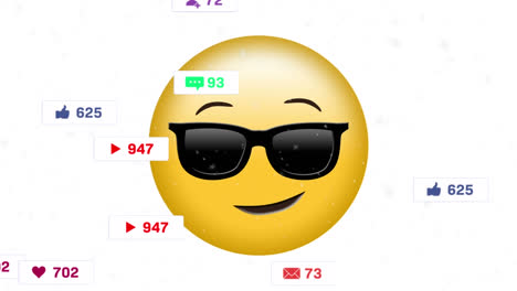 Animation-Von-Mediensymbolen-über-Emoji-Symbol-Auf-Weißem-Hintergrund