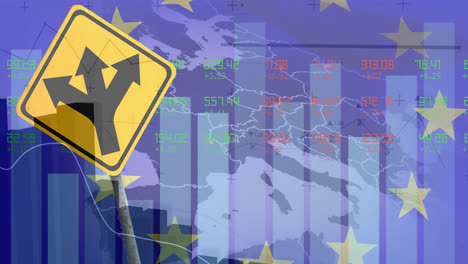 Animation-of-financial-data-processing-over-road-sign-and-flag-of-eu