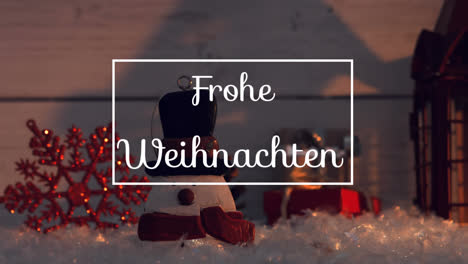 Animation-Of-Frohe-Weihnachten-Greetings-Text-In-Frame-Over-Christmas-Decorations