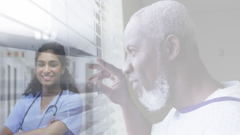 Composite-of-smiling-senior-man-looking-out-of-window,-and-smiling-female-doctor-in-hospital