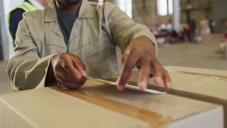 African-american-male-worker-with-document-on-carton-in-warehouse