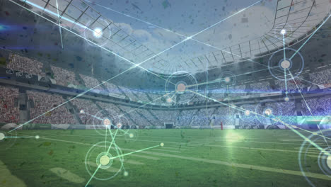 Animation-Eines-Verbindungsnetzwerks-Mit-Symbolen-über-Dem-Stadion