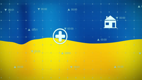 Animation-of-numbers-and-icons-over-flag-of-ukraine