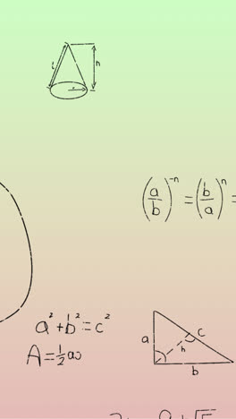 Animation-of-handwritten-mathematical-formulae-over-green-to-pink-background