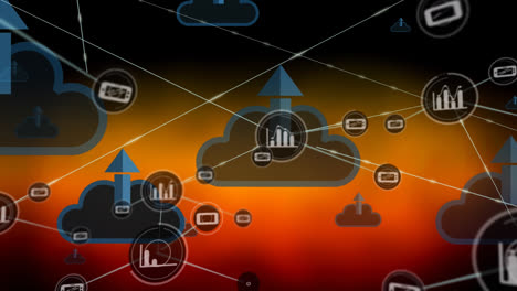 Animation-Eines-Verbindungsnetzwerks-über-Pfeilen-Und-Wolken-Auf-Orangefarbenem-Hintergrund