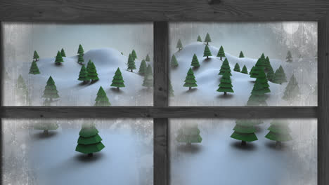 Animation-Von-Fallendem-Schnee-Und-Weihnachtlicher-Winterlandschaft,-Gesehen-Durch-Das-Fenster