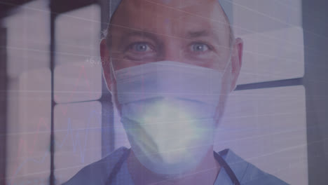 Animation-of-data-processing-over-caucasian-male-doctor-with-face-mask