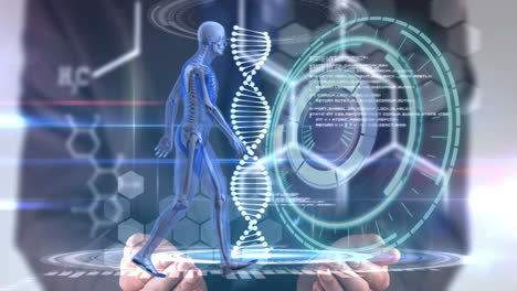 Animación-De-Escaneo-De-Alcance,-Cuerpo-Humano,-Cadena-De-ADN-Y-Procesamiento-De-Datos-Sobre-Un-Hombre-De-Negocios-Caucásico